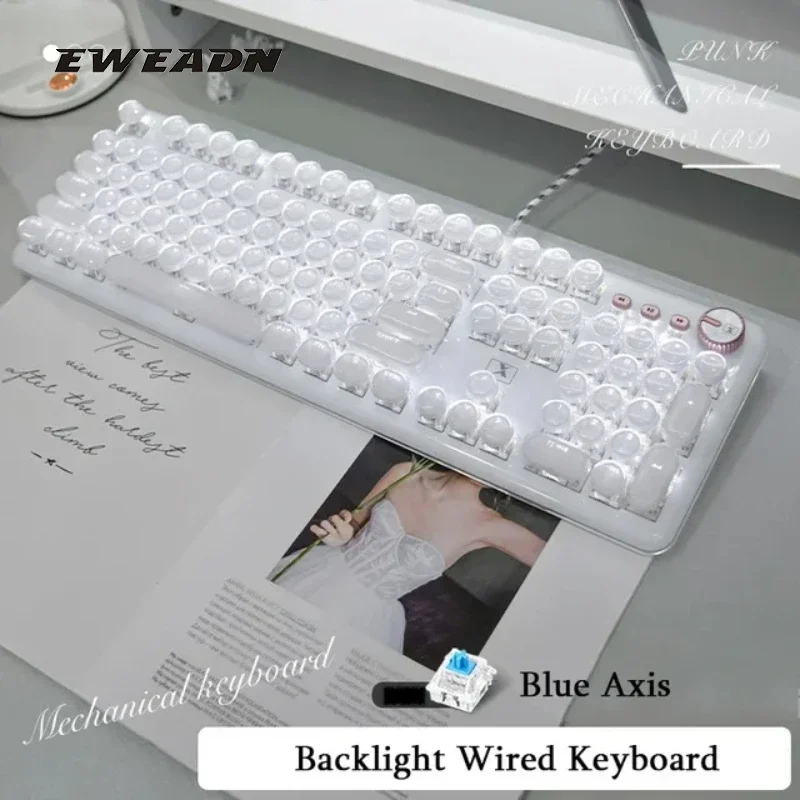 EWEADN Ice Crystal Mechanical Keyboard Full Transparent Punk Wired Keyboard White Light Blue Axis with Knob Gaming Keyboard Gift