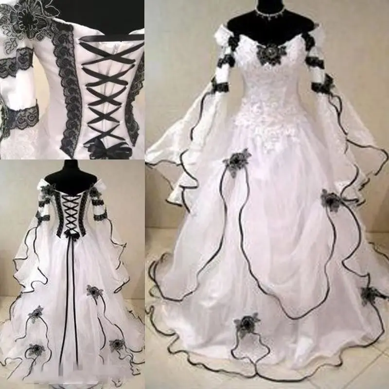 Abito da sposa gotico in bianco e nero con maniche lunghe svasate Appliques in pizzo corsetto abiti da sposa medievali Vintage personalizzati