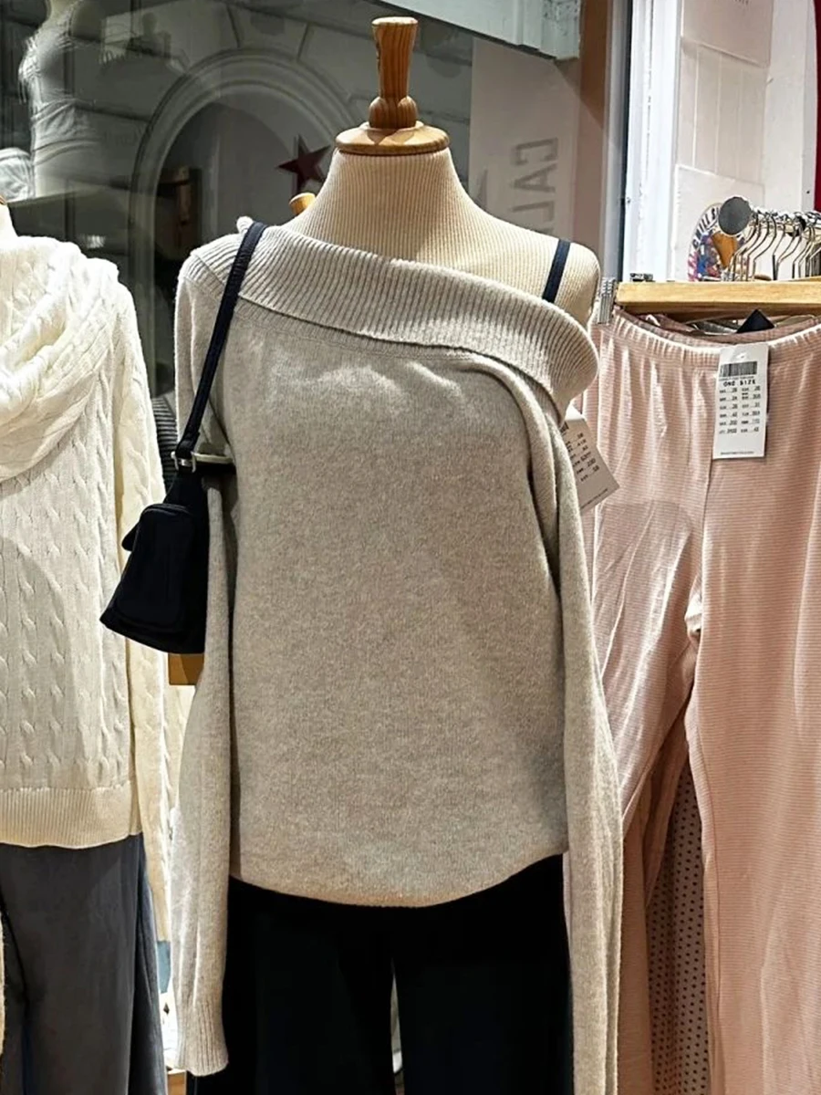 

Gray Slash Neck Knitted Sweater Woman Autumn Long Sleeve Cotton Slim Pull Sweaters Casual Simple Sweet Preppy Style Jumpers Y2k