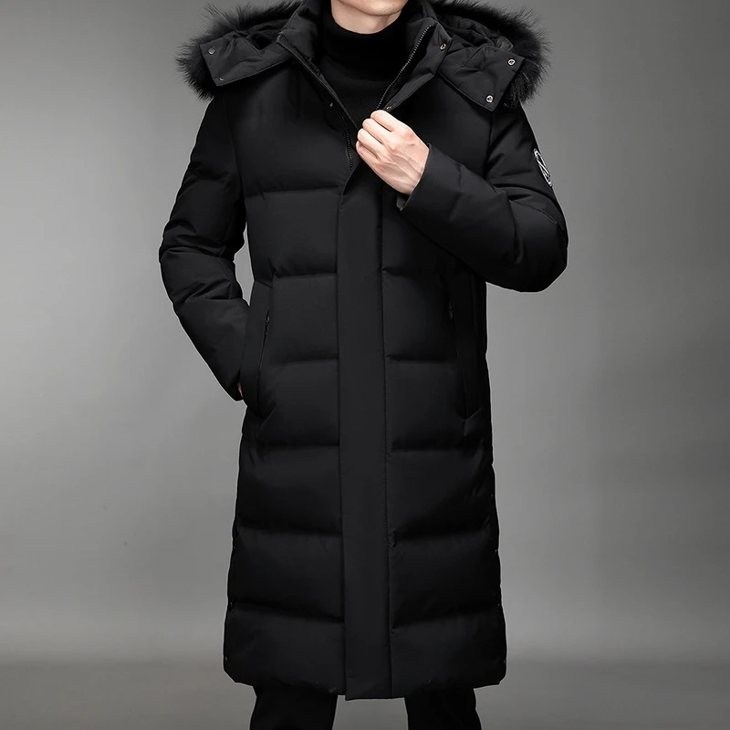 2024 Autumn/Winter New Men\'s Long Hooded Down Jacket with Large Hairy Neck Hat Thickened Cold proof and Warm Down Jacket M-5XL