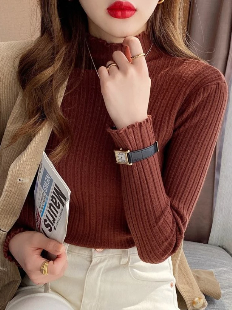 가을 겨울 우아한 패션 슬림 긴 소매 스웨터 세련된 셔링 솔리드 니트 풀오버 터틀넥 스위트 풀오버 여성 의류