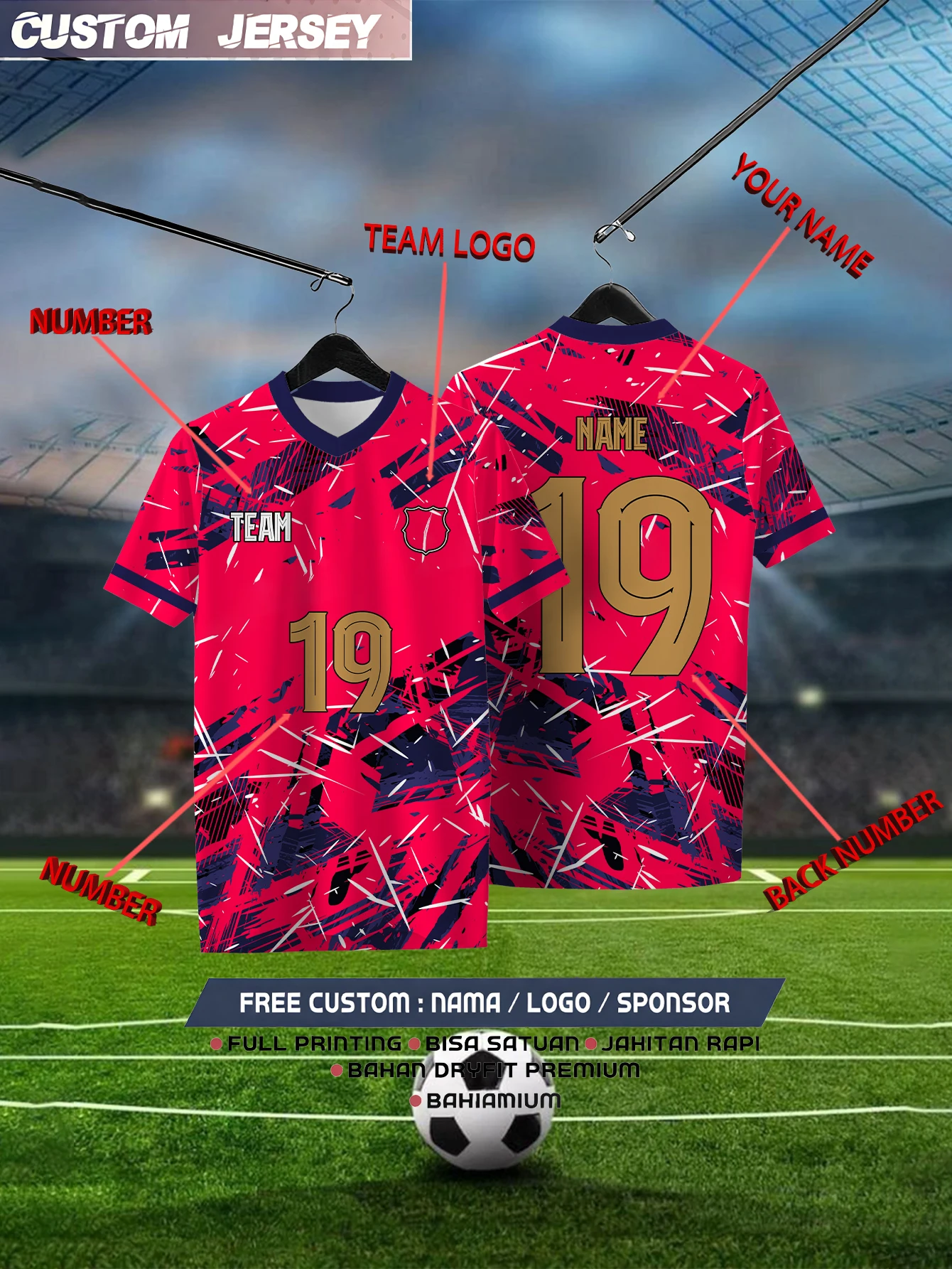 

Customized Geometric Red Short Sleeved Shirt with Team Name, Emblem, Name and Number, Outdoor Sports Short Sleeved T-shirt