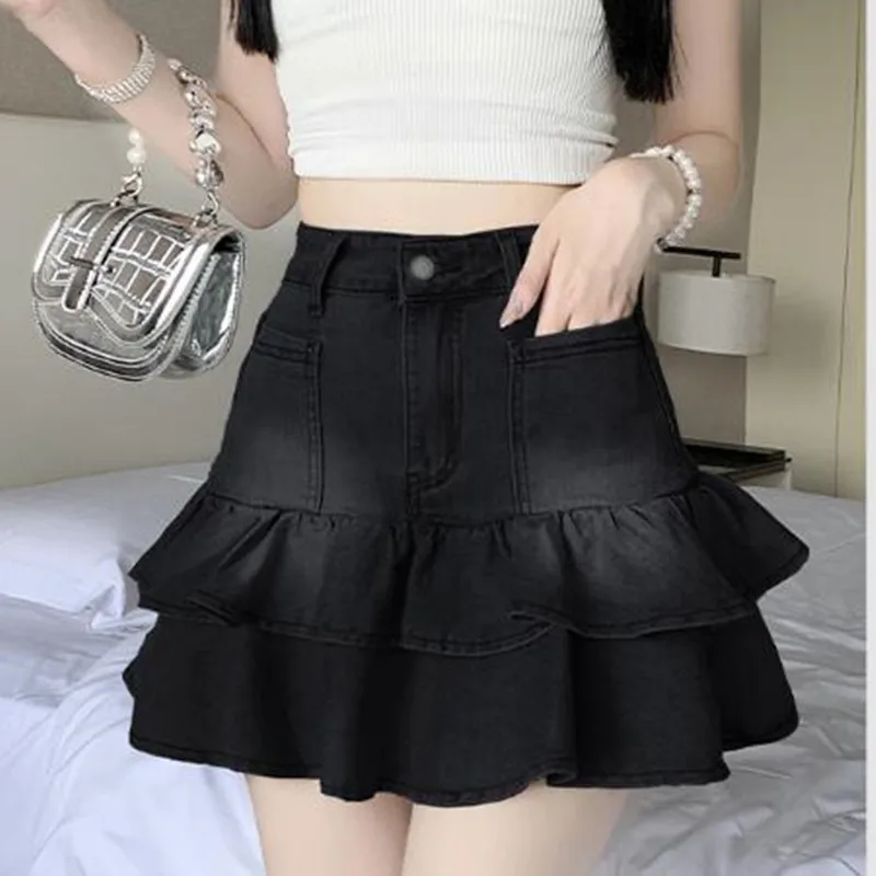 ZXRYXGS High Waisted Double Layered Ruffled Edge Fluffy Skirt 2024 New Spring Summer Short Denim Skirt Women Skirts