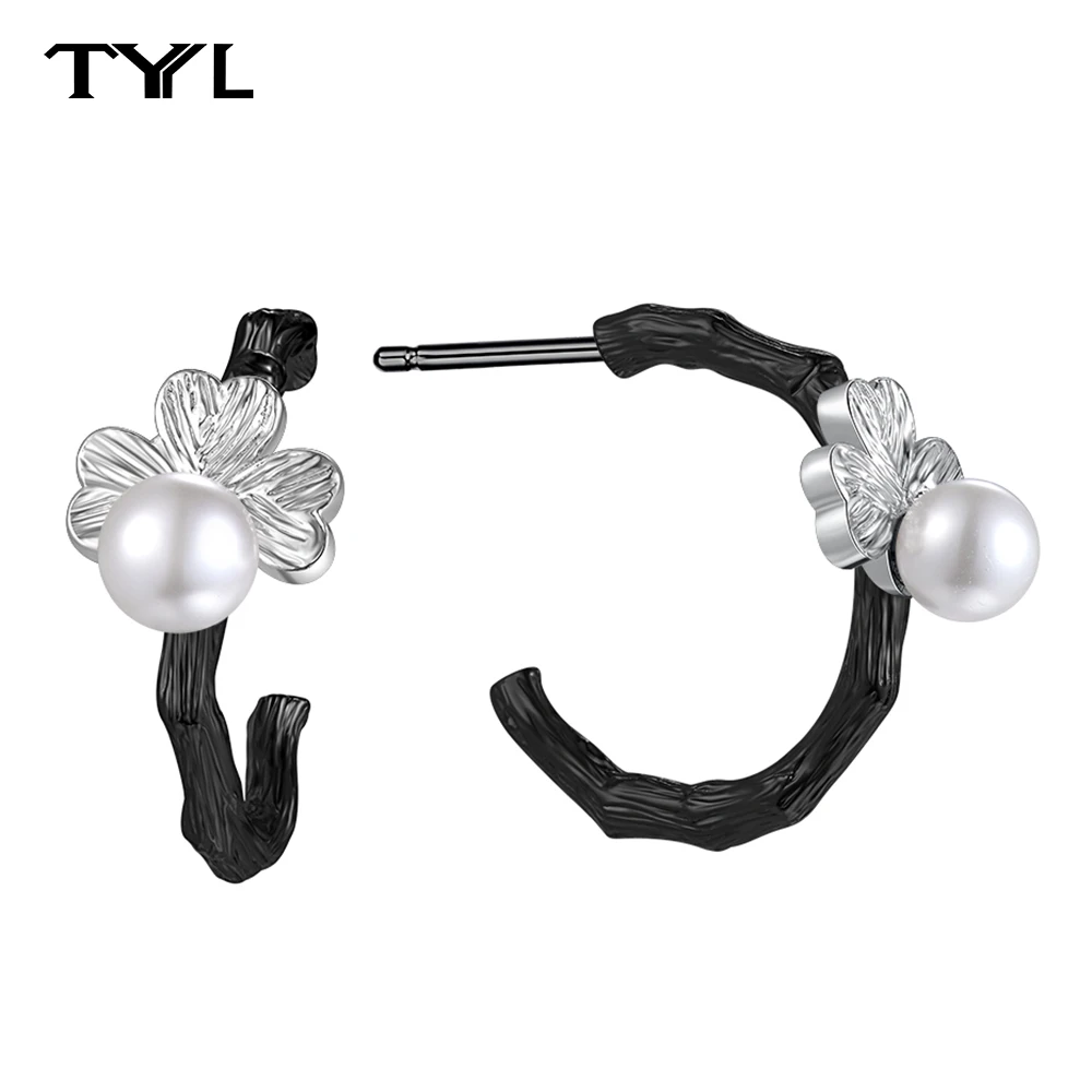 

TYYL Dried Branch Shell Pearl Hoop Earrings Women Jewelry 925 Sterling Silver Needle Bead Flower Heart Petals Party Earring Gift