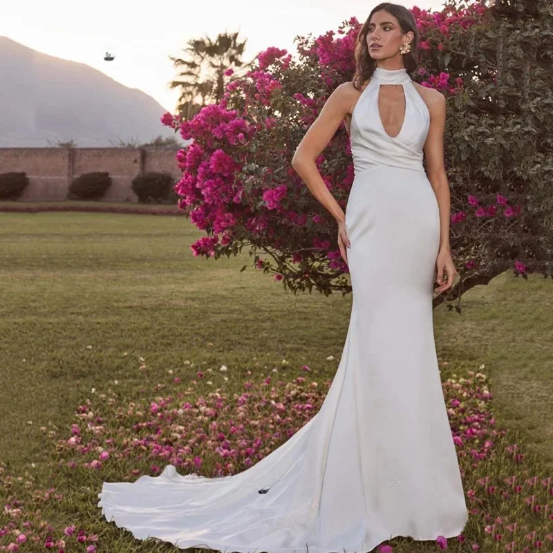 Vestido de noiva sereia cetim, cabeçada sem mangas, vestido de noiva recortado, pérolas plissadas, sexy back, 2020