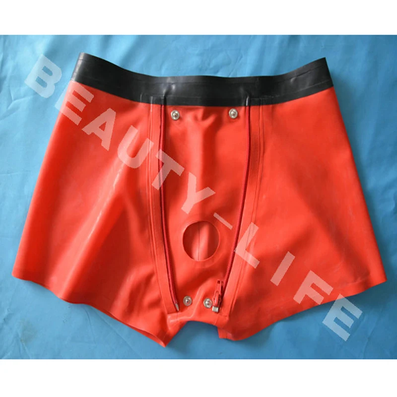 Latex Shorts  Men Boxers  fetish  Underpants Hole with sheath  safe Underwear Handmade Pouch codpiece