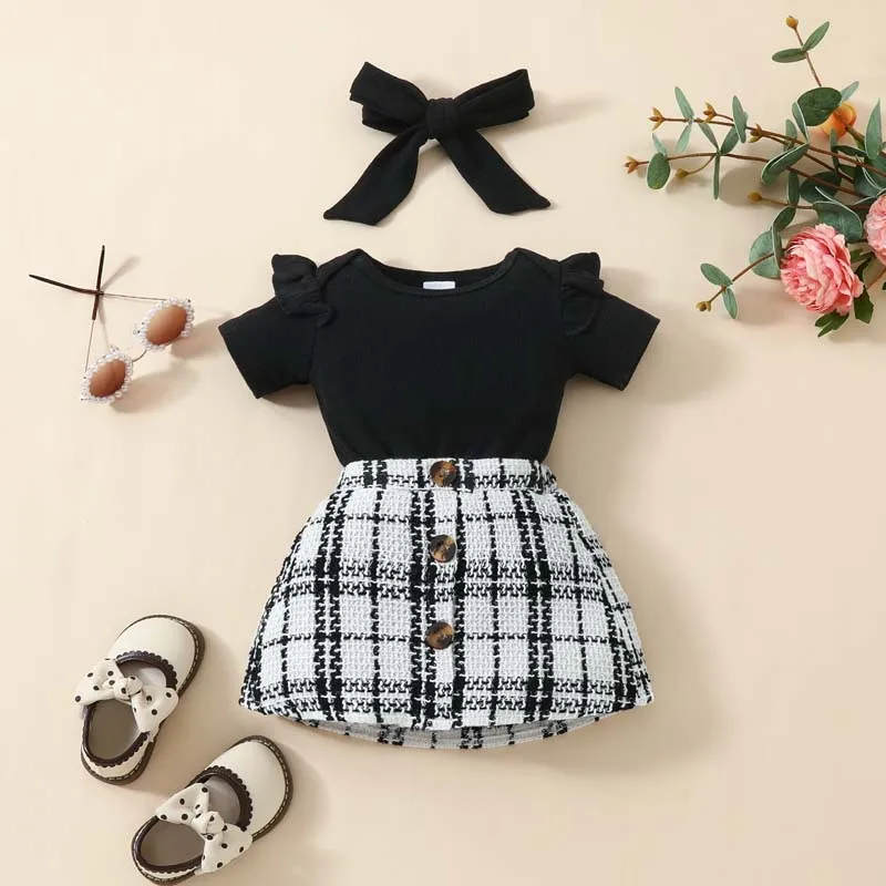 

Baby Clothing Newborn Girl Outfits 3PCS Set Fashion Summer Short Sleeves Bodysuit Black White Plaid Skirt Hairband 0-18 Months