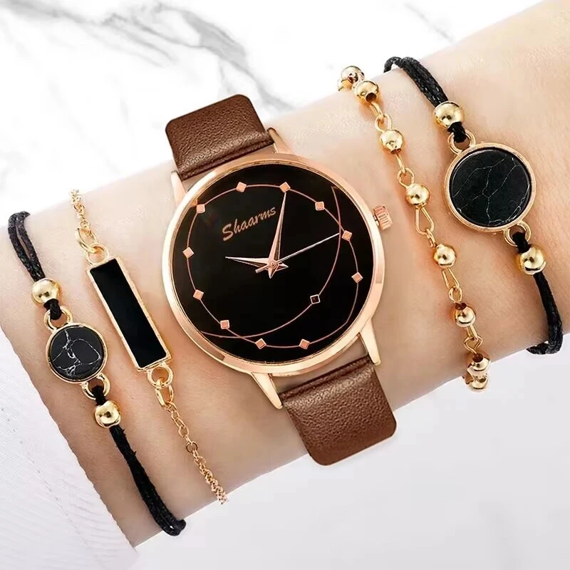 5pcs Set Women Fashion Watch Casual Leather Belt Watches Ladies Starry Sky Dial Quartz Wristwatches Dress Clock Reloj Mujer