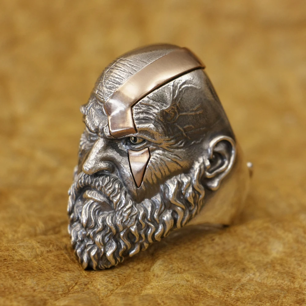 925 Sterling Silver God Of War Brass Eyes Copper Coating Kratos Ring Biker Rock Adjustable Ring TA429 US Size 8~15