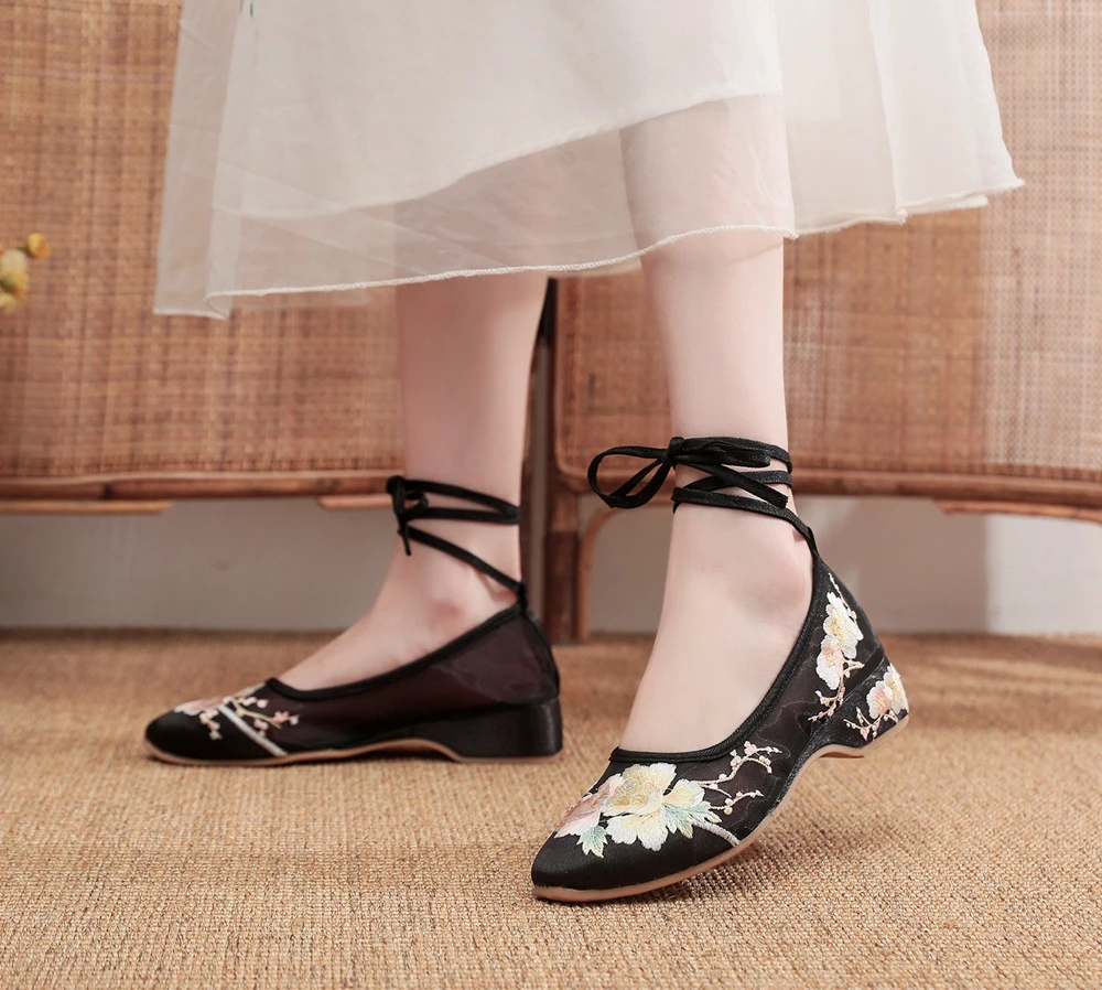 Veowalk Long Ankle Strap Summer Women Gauze Mesh Embroidered Ballet Flats Breathable Comfortable Walking Shoes for Elegant Lady