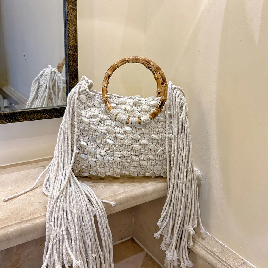 Vacation Style Handmade Woven Tassel Handbag Elegant Vintage Color Beading Rope Design Women Bamboo Circular Handle Clutch Bag