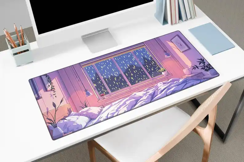 Cozy Rain Scene Anime Desk Mat, Non-Slip and Waterproof Gaming Mouse Pad, Office Decorative Desk Mat, Perfect Gift for Friends