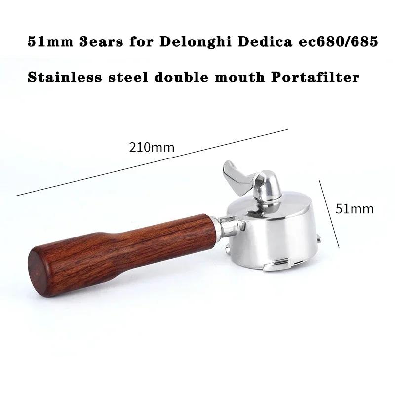 51mm Bodemloze Portafilter 3 Oren Professionele Espresso Portafilter voor DeLonghi EC680/EC685/EC885 Inclusief Puck Screen Espresso Doseertrechter Dubbele Shot Filter Mand Walnoot Handvat