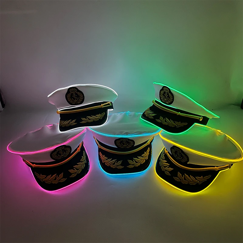 Neue leuchtende weiße Matrose Kapitän Yacht Caps Weizen Stickerei LED Glow Navy Marine Hut Männer Frauen Cosplay Halloween Kostüm Hüte