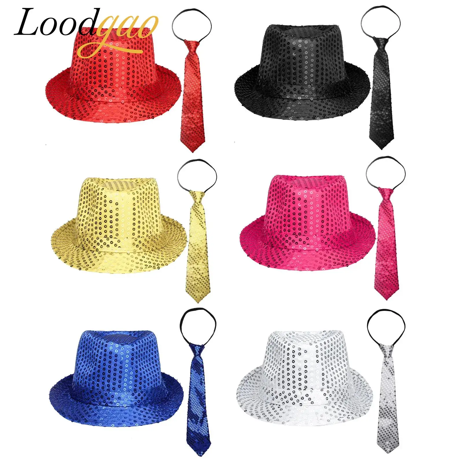 

Adult Girls Sequins Fedora Hat Rock Jazz Performance Outfits Pre-tie Necktie Retro Disco Halloween Party Costume Shiny Props