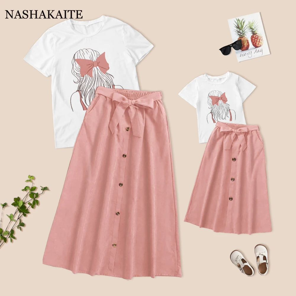 

Mom and daughter bow belt pink half-length skirt + T-shirt For Mommy and me clothes Mother and Daughter Family Matching Outfits