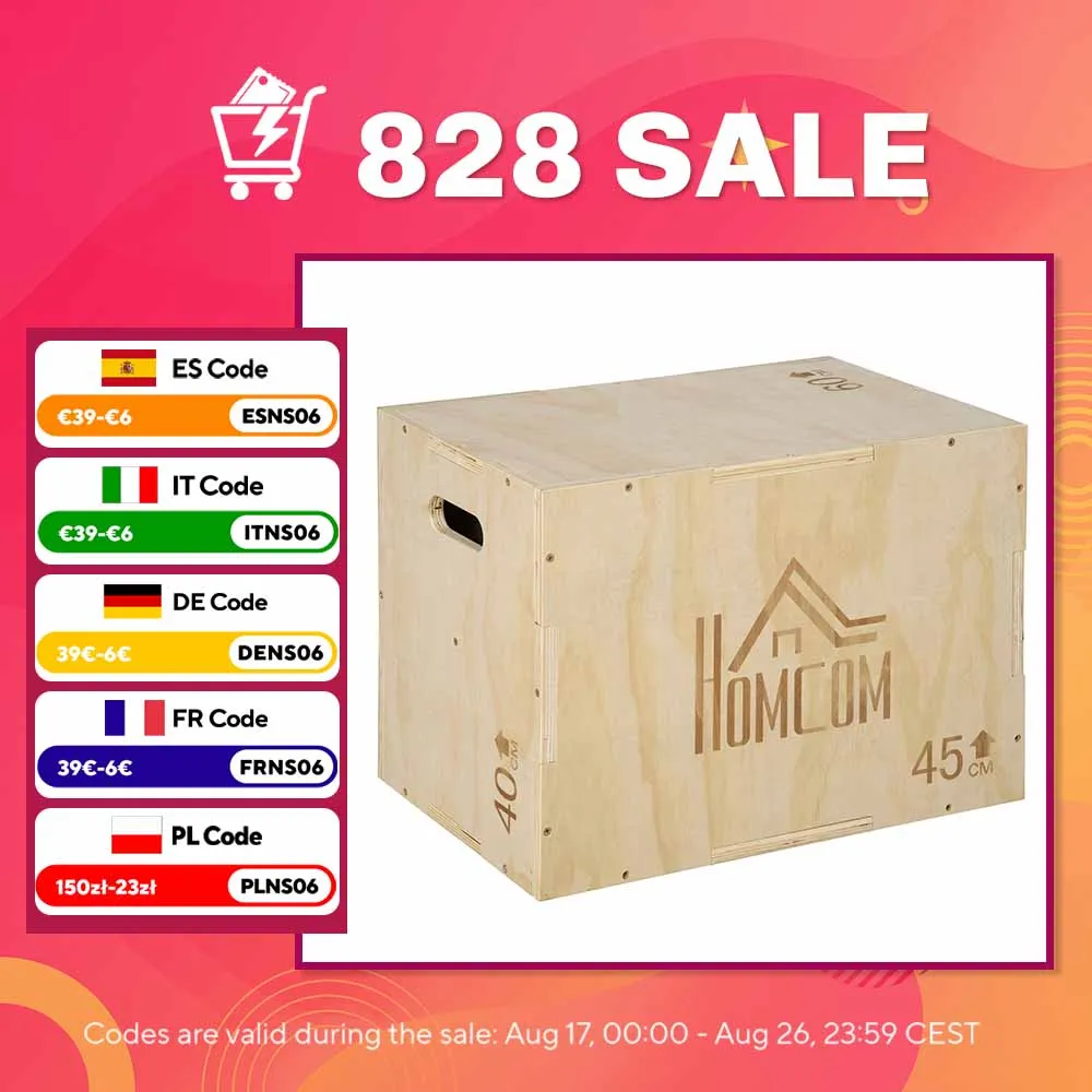 HOMCOM Caja Pliométrica de Madera 3 en 1 con 2 Mango 45x40x60 cm Madera Natural