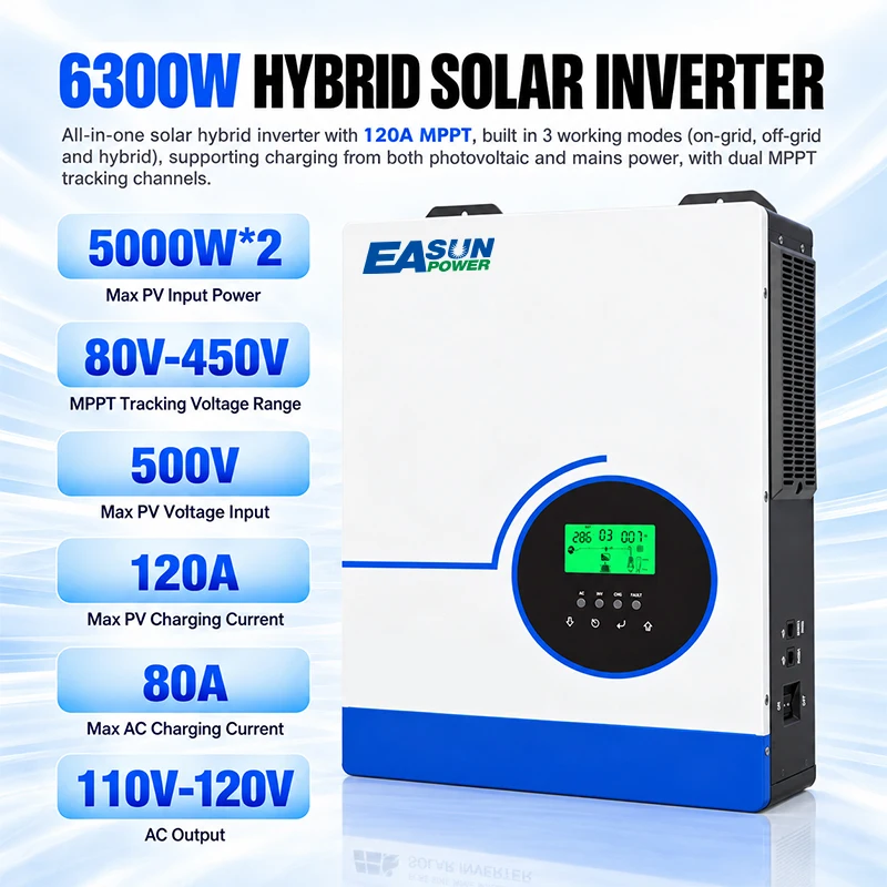 EASUN POWER 6300W Hybrid Solar Inverter 48V DC to 110V 120V AC Dual MPPT 120A Charger High Frequency On/Off Grid Hybrid Inverter Support Lithium BMS Communication Battery-less Operation For Home Solar Energy Storage