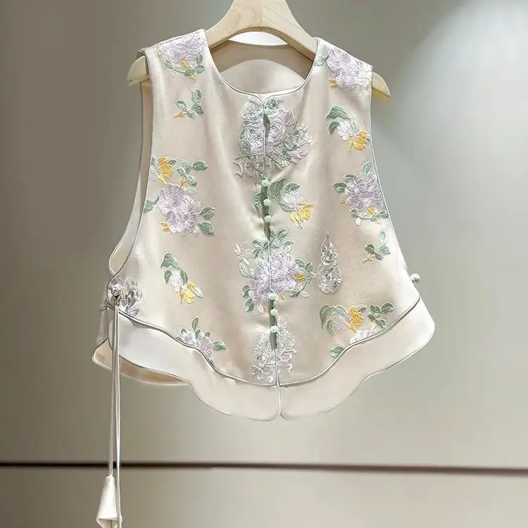 

Satin Silk Embroidered Vest Women Chinese Style Vintage Vest Sleeveless Retro Tops Female Autumn New Fashion