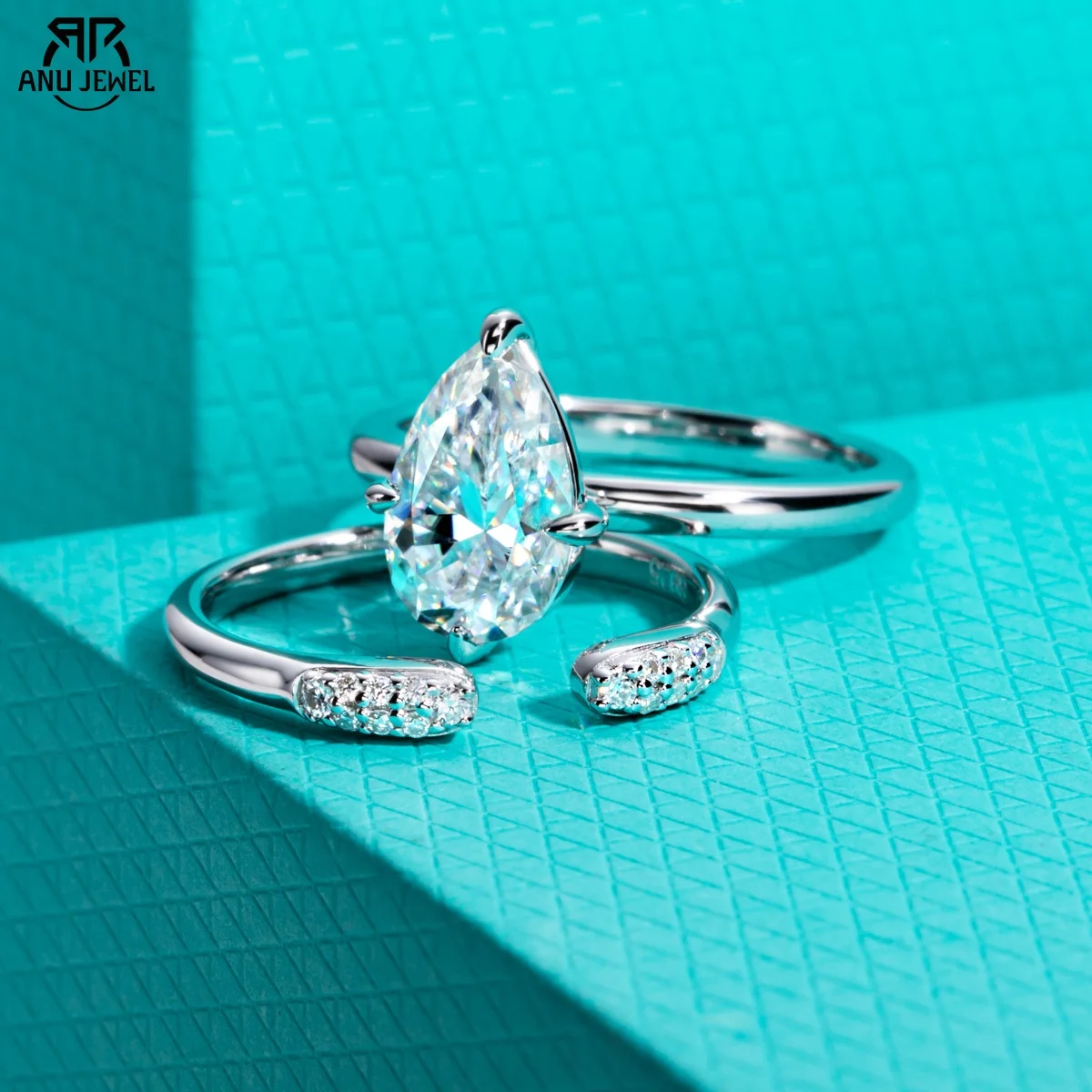 AnuJewel 3ct Pear Moissanite Bridal Rings Set 925 Sterling Silver Adjustable Wedding Band Promise Ring Jewelry Gifts for Women