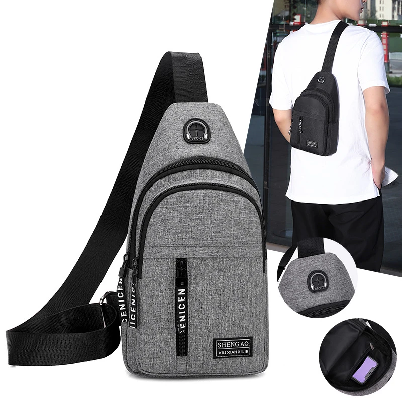 Men Shoulder Bags Sports Chest Bag USB Charging Earphones Cable Hole Crossbody Bags for Men Anti Theft Short Trip Messengers Bag