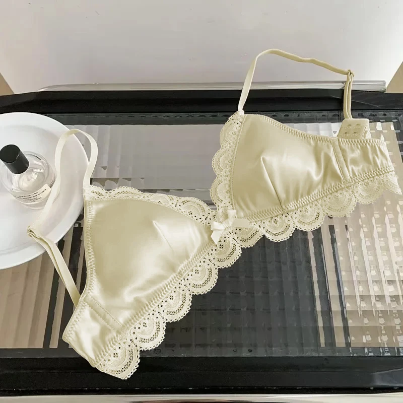 Women Triangle Cup Bow Lace Bra Korean Style Small Chest Satin Underwear Sweet Girl Breathable Comfortable Soft Sexy Bras image 6