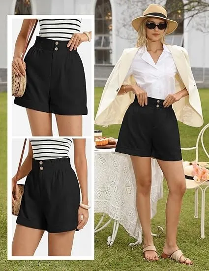 Women's Solid Color Elastic Waist Straight Leg Capri Shorts with Button Zipper Pockets for Travel Camping Streetwear Everyday
