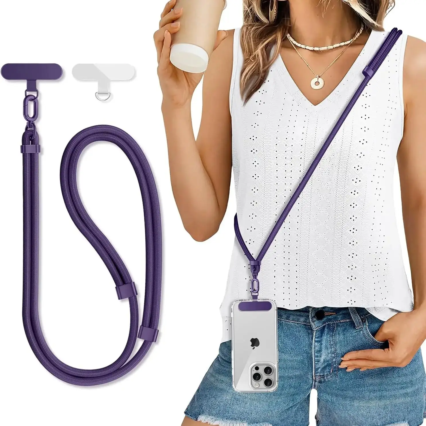 Verstelbare mobiele telefoonriem Outdoor Anti-verloren Crossbody Telefoonkoorden Nekkoord met patch Mobiele telefoon ophangkoordriem - afbeelding 2