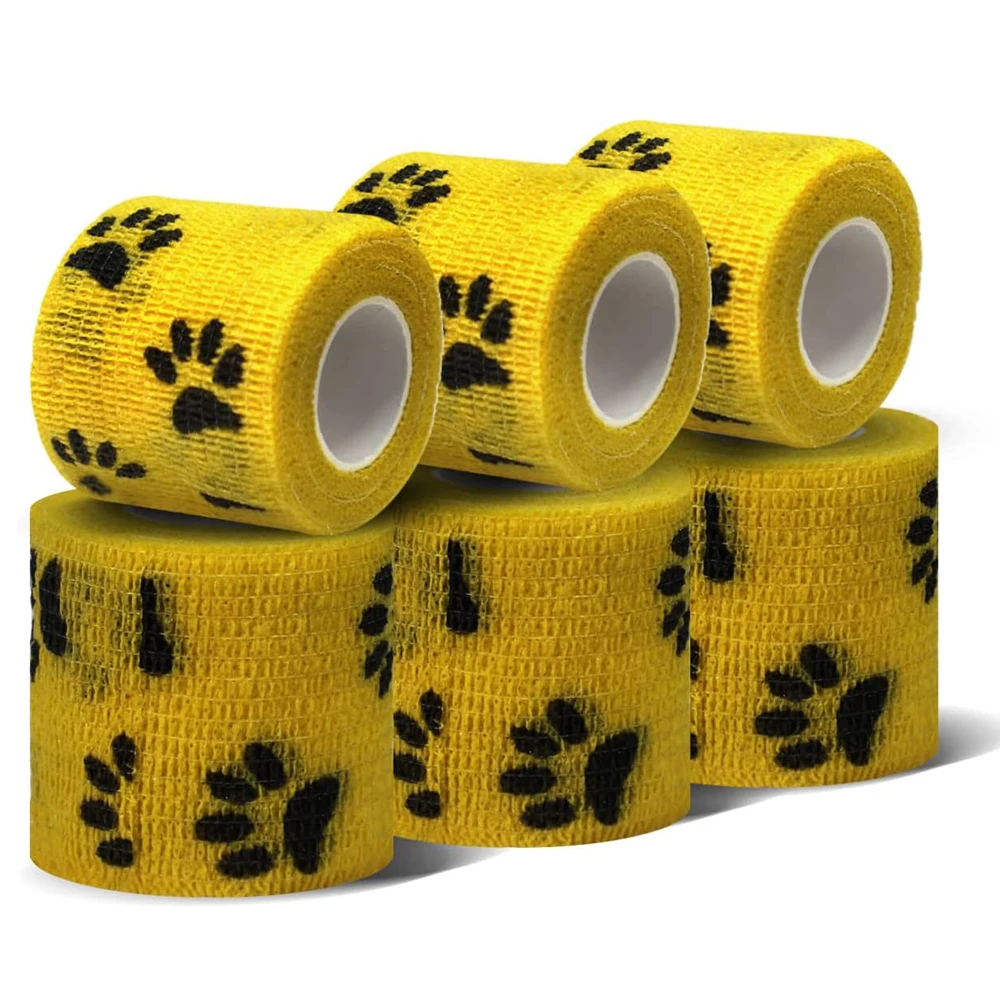 Yellow Cute cat paw prints Tattoo Bandage Tape Anti-slip Nonwoven Waterproof Disposable Self-adhesive Elastic Bandage Grip Cover