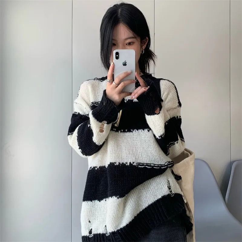 Black and White Stripe Sweater Women Fashion Hole Loose Top Round Neck Pullovers Knitwear Women\'s Korean Autumn Clothes