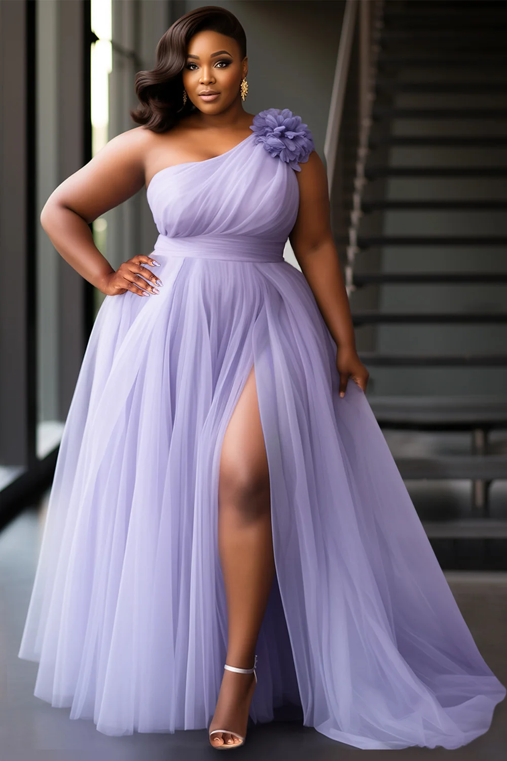 

Plus Size Prom Purple Elegant Oblique Collar 3D Split Tulle Maxi Dresses