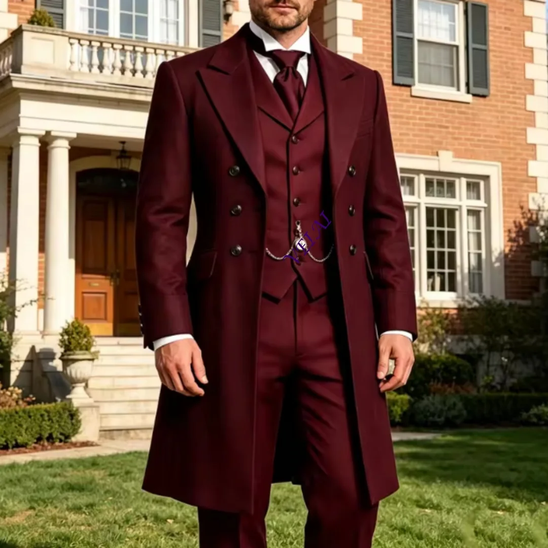 Customized3 Pieces Long Men Suits for Wedding Groom Tuxedo Tailor Fit Jacket Vest Pants Set for Prom Banquet Formal Party Guest