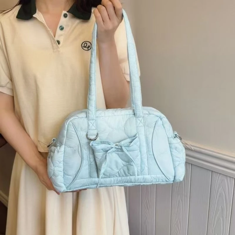 

Portable Bow Shoulder Bag Nylon Large Capacity Women Handbag Ultralight Solid Color Travel Tote Bag ﻿