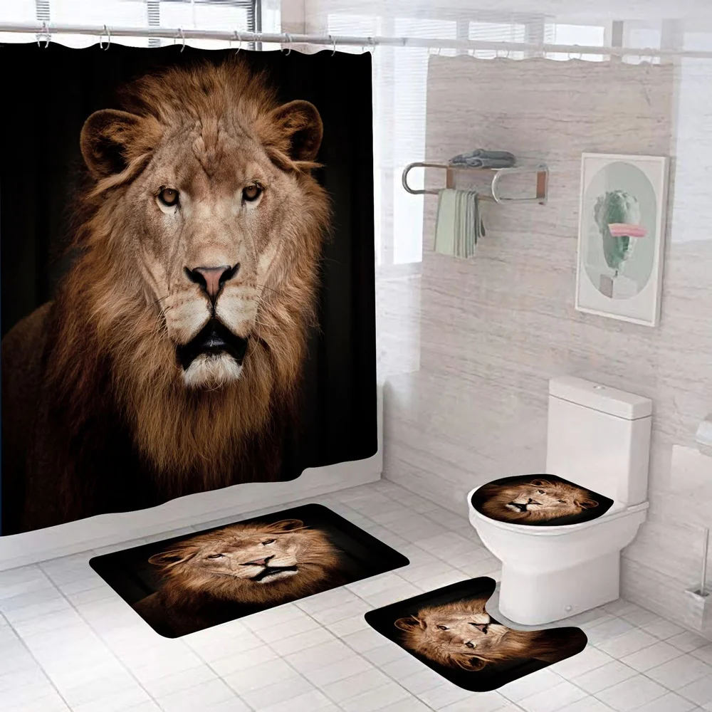 Black Wild Animal Non-Slip Shower Curtain Motivational Quote Bathroom Curtain Bath Mat Toilet Cover Decor Lion King Toilet Cover