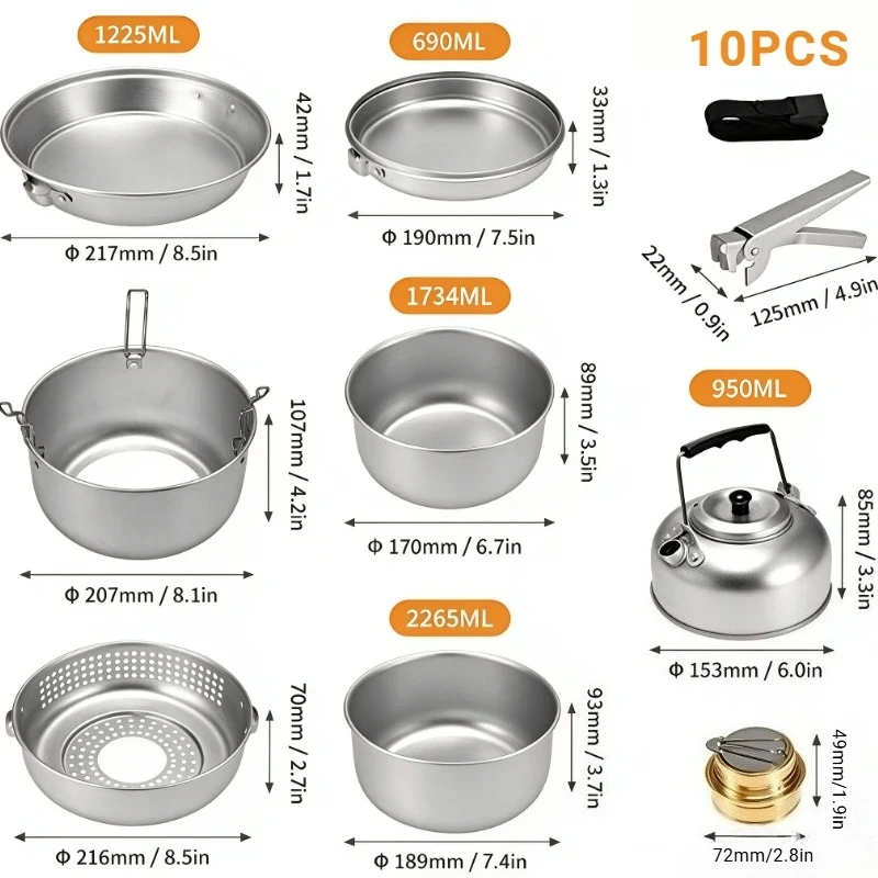 10PCS Ultralight Camping Cookset for Trangia Hiking Fishing and Backpacking Aluminum Outdoor Portable Stackable Cookware Set