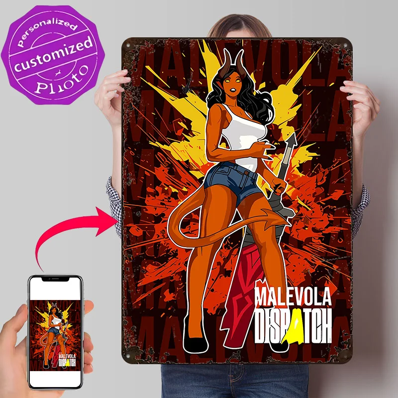 Malelola Dispatch: Devil Girl Illustration 3D Printed Texture Poster Personalized Wall Art Retro Metal Tin Signs for Desk Decor