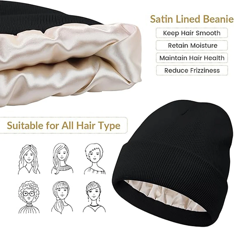 2025 High Quality Cuffed Thick Silk Satin Lined Beanie Custom Blank Beanie Slouchy Winter Hat Knitted Beanie With Satin Lining