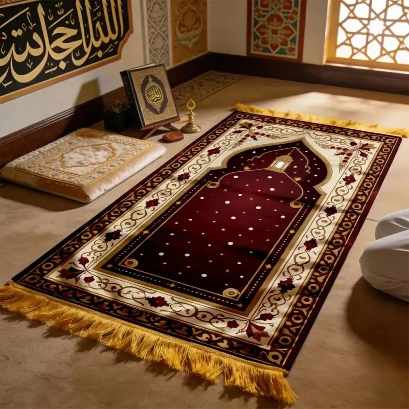 VIKAMA Wine Red Golden Floral Islamic Prayer Rug Fringed Muslim Salat Mat Arch Design Sajadah Carpet For Daily Worship