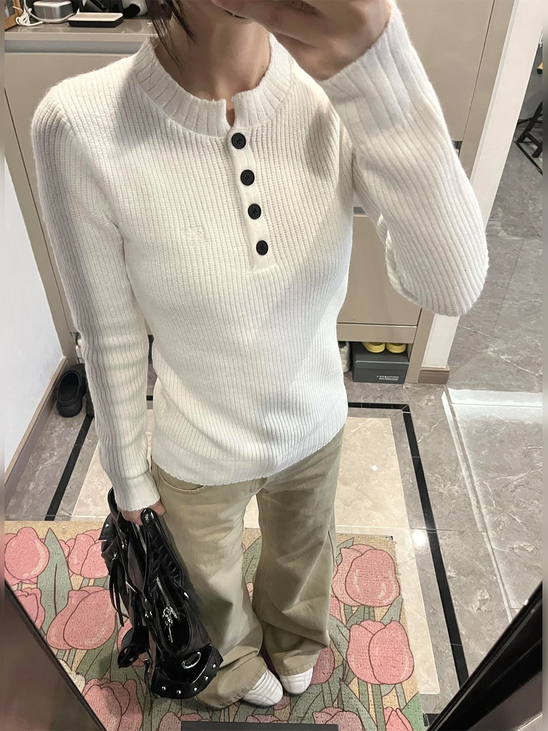 Suéter de Punto con Cuello Henry Estilo Americano para Mujer, Otoño Invierno, Ajustado, Versátil, Prenda Interior, Ropa Exter...