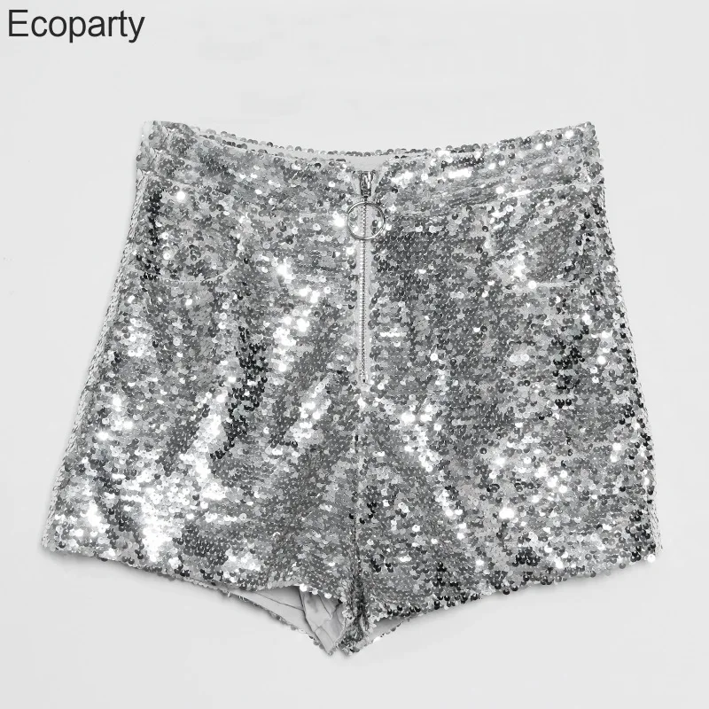 Sexy Women Sequin Shorts Summer High Waist O-Ring Zip Bodycon Shorts Feminino Skinny Party Club Festival Raves Pole Dance Shorts