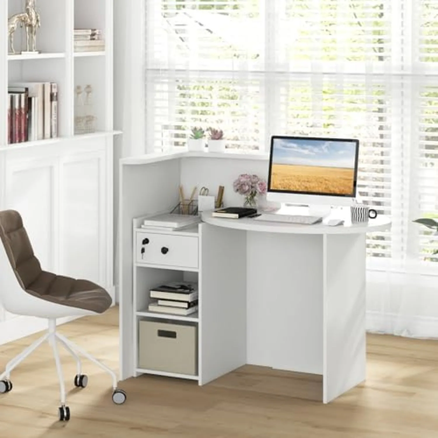 Reception Desk, Front Desk with Open Shelves, Lockable Drawer, Round Tabletop, Checkout Counter, Retail Counter