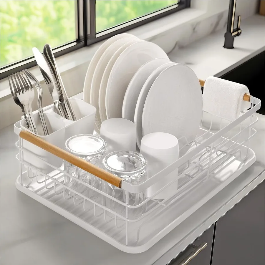 Escurridor de platos, plato, cubertería, ollas y sartenes, estante para platos con asas de haya, estante de secado de platos de Metal para encimera de cocina Mo