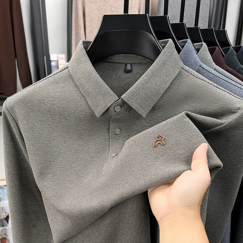 Men's Autumn New Printed Lapel Polo Shirt Luxury Brand Long Sleeved Thickened T-shirt Fashionable Business Casual Men's clothing