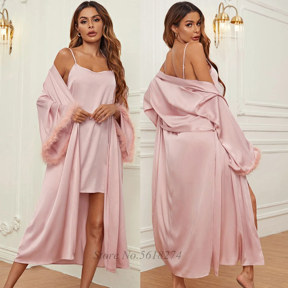 Women Sexy Feather Sleeve Kimono Robes Wedding Morning Gown Pink Long Robe Set Silk Satin Night Dress Loose Nightgown