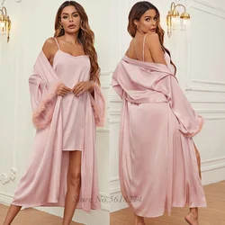 Women Sexy Feather Sleeve Kimono Robes Wedding Morning Gown Pink Long Robe Set Silk Satin Night Dress Loose Nightgown