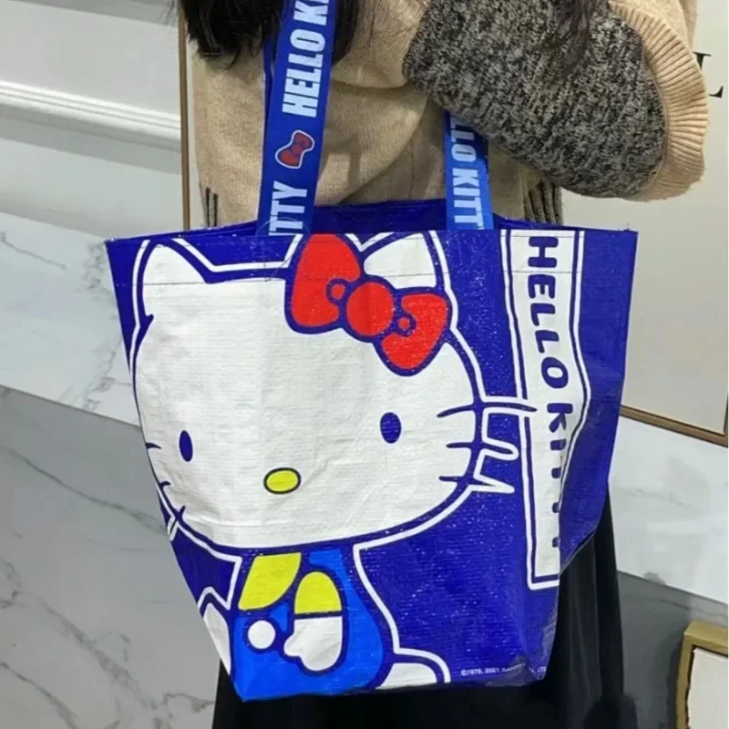 

Sanrio Cartoon Character Hello Kitty Shoulder Handbag Lightweight Cartoon Kawaii Blue Hand-woven Large Capacity Shopping Bag