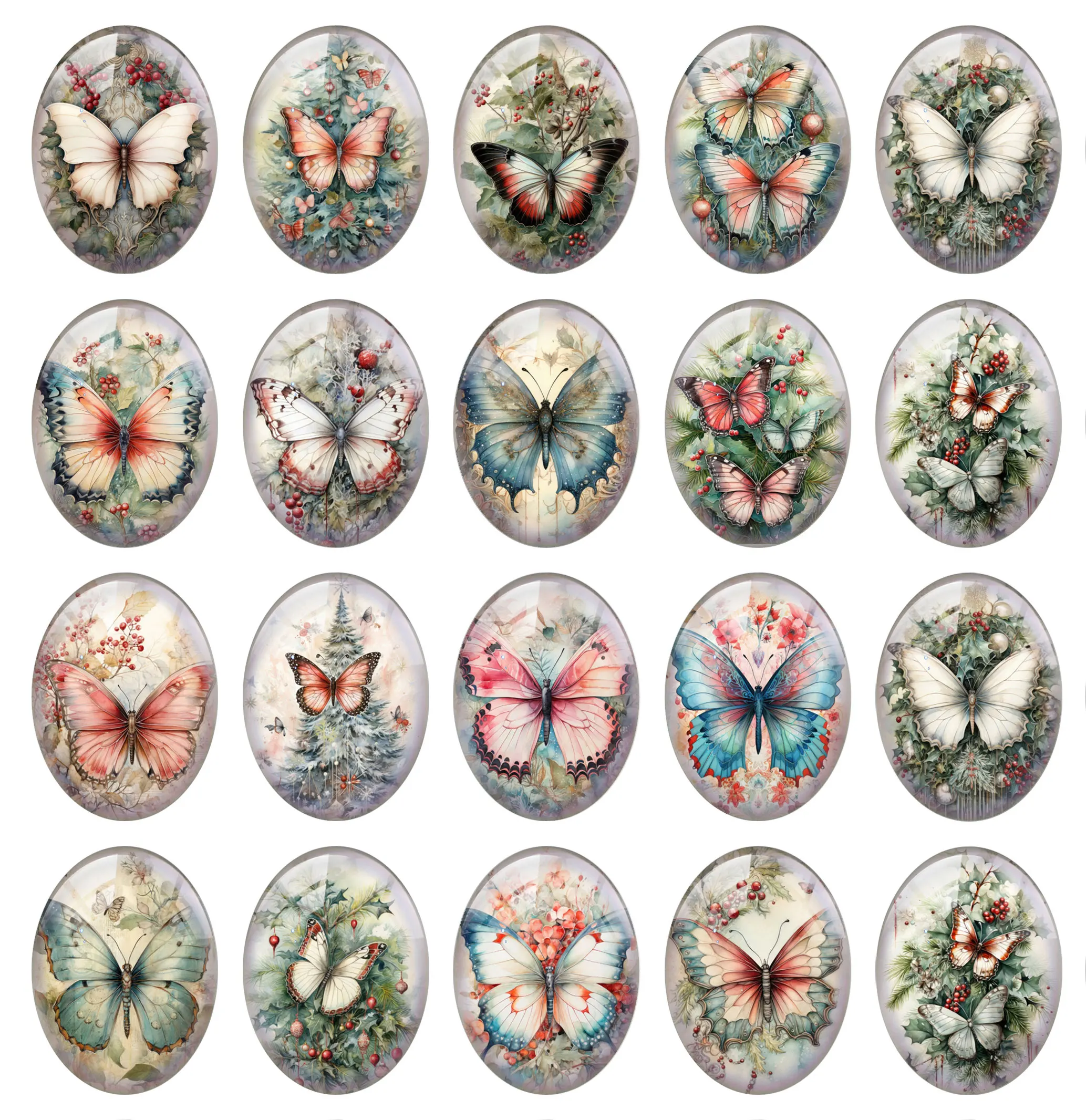 10pcs/lot Christmas X-mas Winter Butterflies Oval Photo Glass Cabochon Charms Flatback Demo Cameo For Diy Jewelry Making