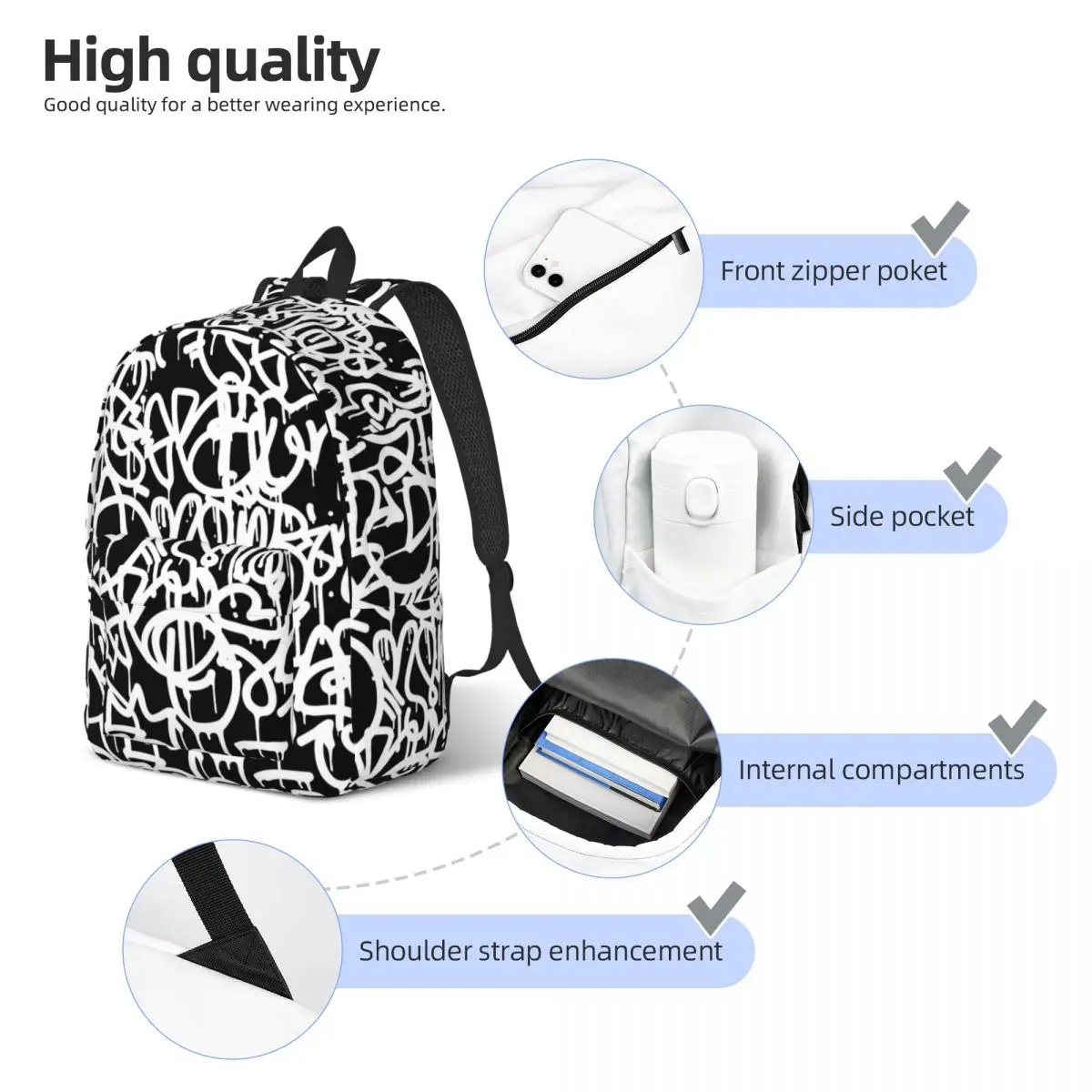 Black And White Graffiti Backpack for Kindergarten Primary School Student Bookbag Boy Girl Kids Daypack Sports