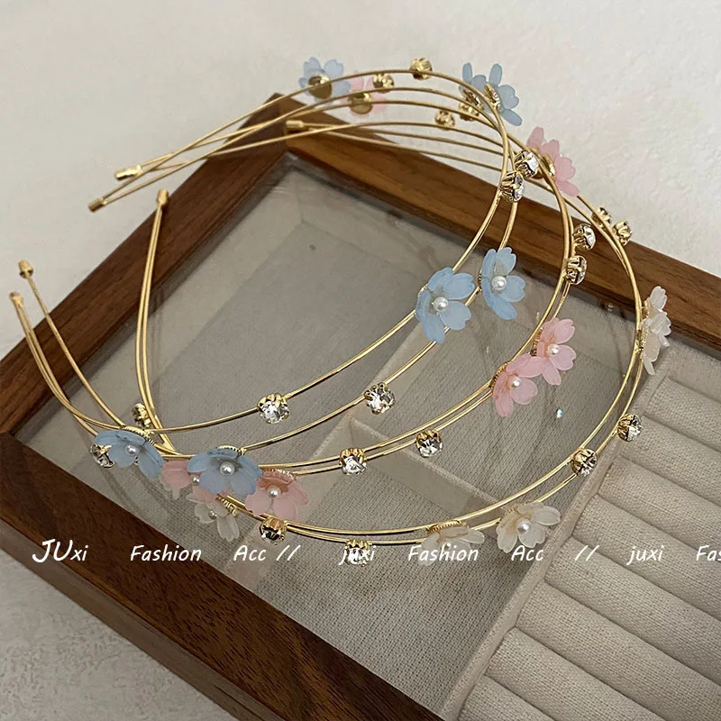 

1pc Korean Elegant Slim Headband Floral Rhinestone Double Layer Design Hair Hoop for Women Daily Outing Summer New Cute