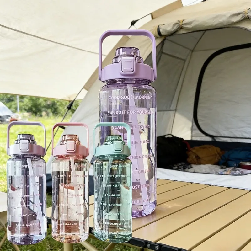 

Portable 2L Water Bottle Large Capacity Food Grade Plastic Straw Water Cup with Scale High Temperature Resistance Outdoor Sports
